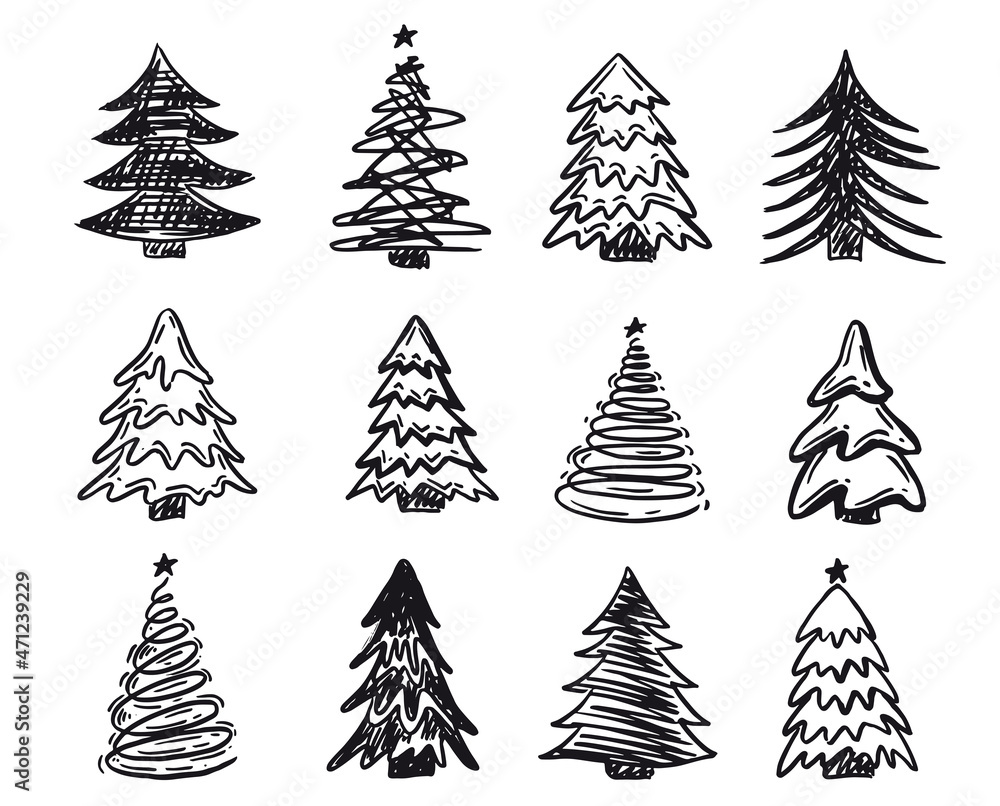 Obraz premium Christmas tree set, Hand drawn illustrations.