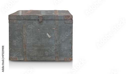 front view old and rust green wooden box on white background, object, container, copy space