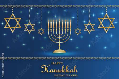 Happy Hanukkah card with nice and creative symbols and gold paper cut style on color background for Hanukkah Jewish holiday (translation : happy Hanukkah day, Hag HaHanukka)