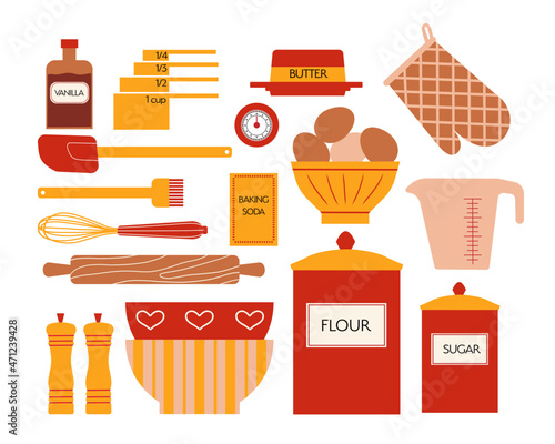 Collection of various retro baking stuff and kitchen tools. Vector illustration in flat style. All elements are isolated on white background.