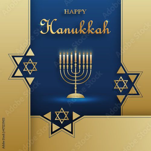 Happy Hanukkah card with nice and creative symbols and gold paper cut style on color background for Hanukkah Jewish holiday (translation : happy Hanukkah day, Hag HaHanukka)