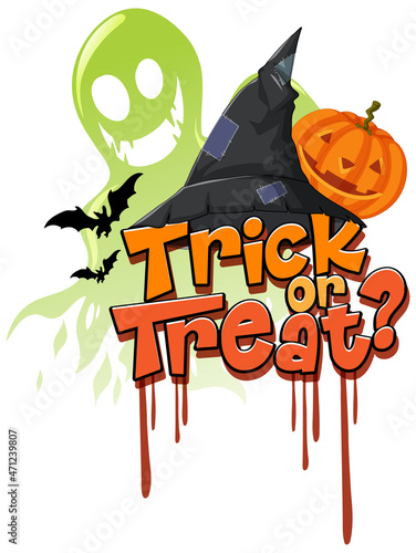 Trick or treat word logo with witch hat and scary pumpkin