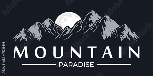 Vector illustration of mountain with moon isolated in dark background. 