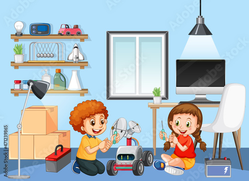 Children fixing a robot together in the room scene