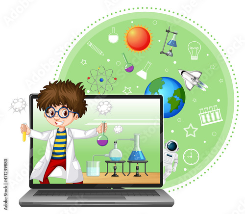 Laptop with scientist kid cartoon character