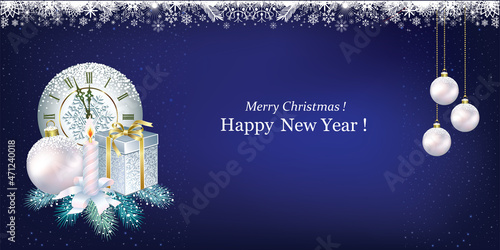 Merry Christmas and Happy New Year 2022. Holiday background with gift box, candle, clock, silver Christmas balls and snowflake pattern. Horizontal poster, postcard. 3d vector illustration.