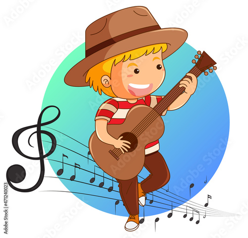 A boy wears hat and playing guitar with melody symbols