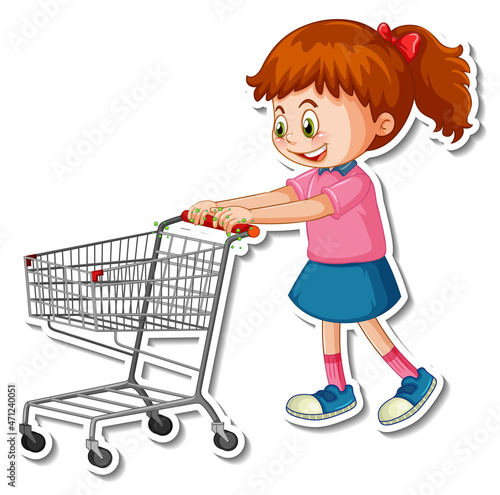 A girl pushing shopping trolley