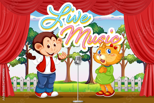 Monkey and cat performing singing on stage