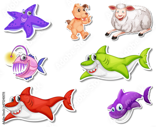 Set of stickers with sea animals and dogs cartoon character