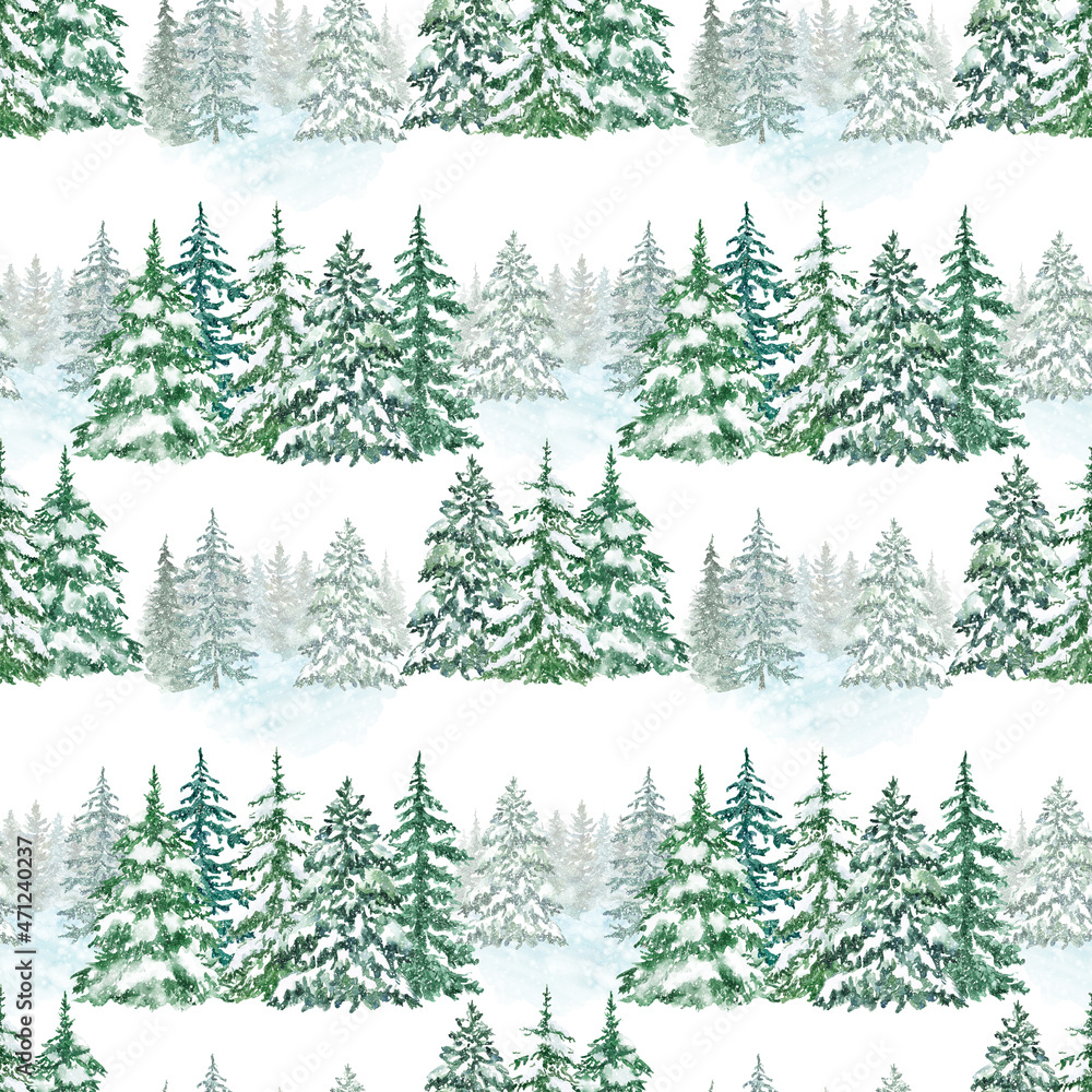 Winter snowy forest seamless pattern. Watercolor spruce and pine trees background. Natural hand painted backdrop. For Christmas packaging design, cards, invitation, wrapping paper.
