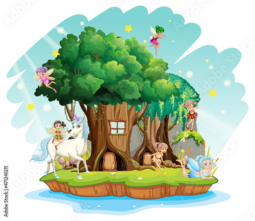 Fantasy tree house inside tree trunk with fairies