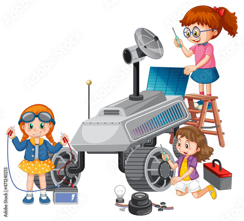 Children fixing satellite together on white background