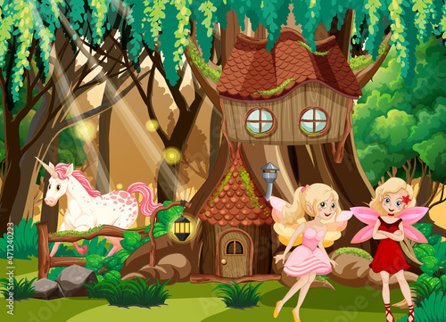 Fantasy forest with cute fairies