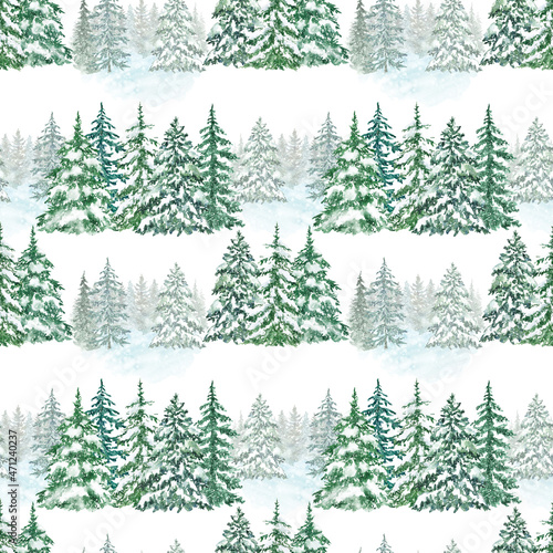 Winter snowy forest seamless pattern. Watercolor spruce and pine trees background. Natural hand painted backdrop. For Christmas packaging design  cards  invitation  wrapping paper.