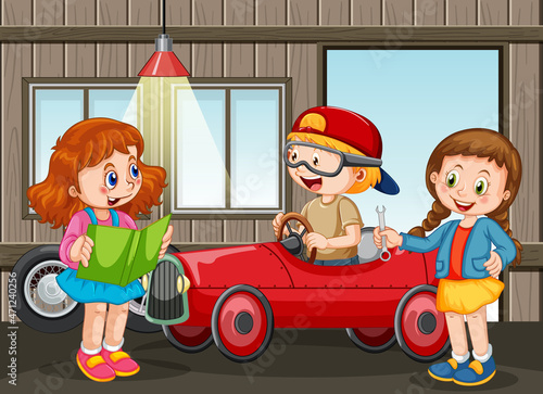 Garage scene with children fixing a car together