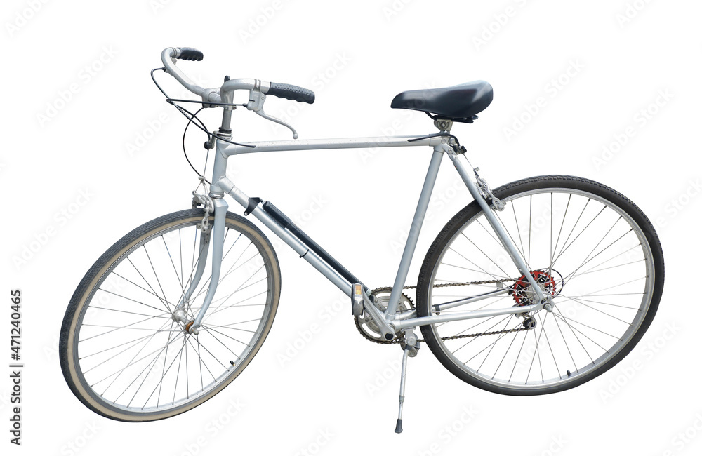 side view old silver bike on white background, object, transportation, banner, template, copy space