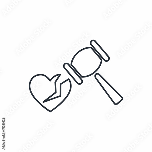 A hammer breaks a man's heart. Vector linear icon isolated on white background.