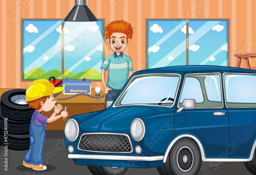 Scene with a boy repairing car with his dad