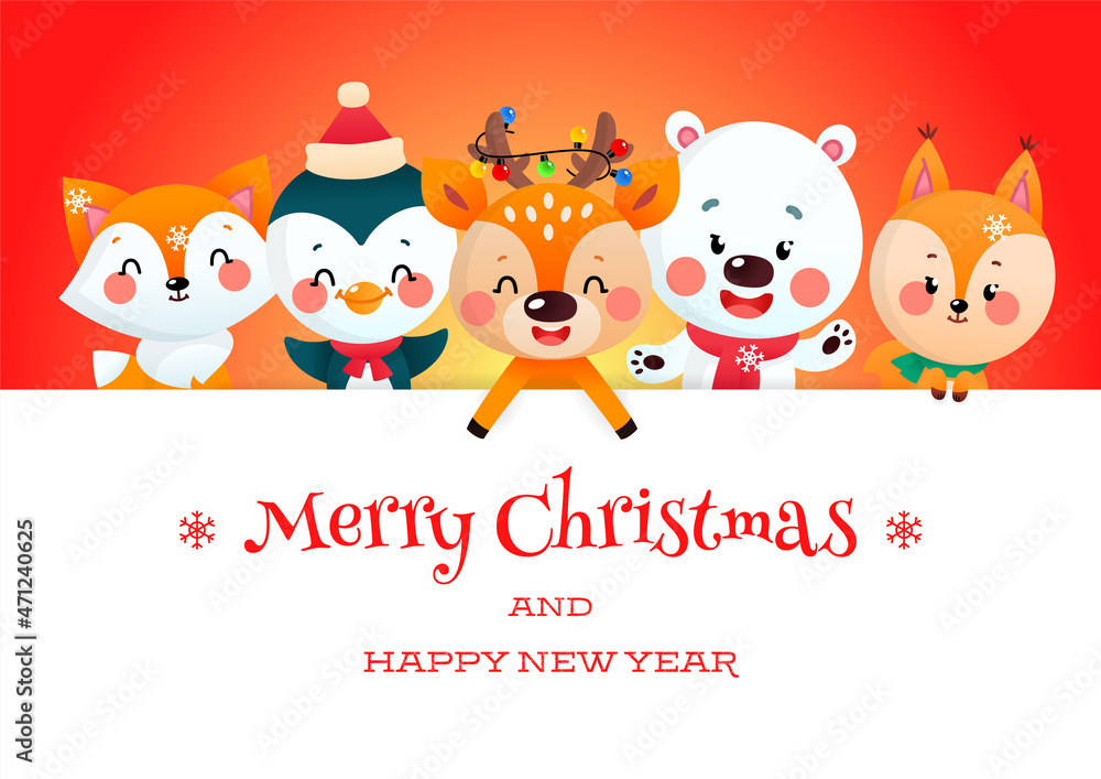 Cute Christmas card with cartoon animals. Winter illustration of a funny deer, a polar bear, a fox, a squirrel and a penguin holding a big white signboard on a red background. 