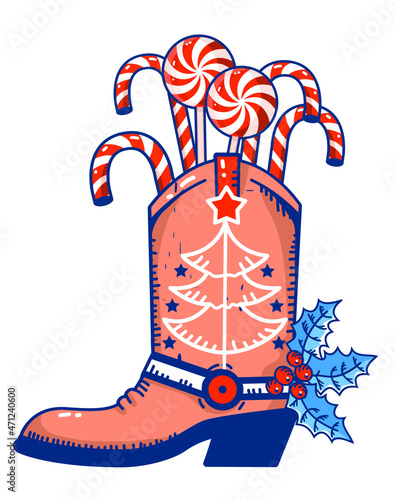 Cowboy Christmas. Vector illustration with Cowboy Country boot and sweet candy cane and holiday decoration isolated on white background for design