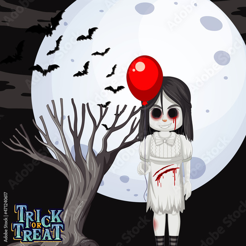 Ghost girl with black eyes on full moon background
