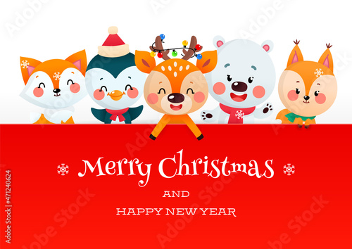 Cute Christmas card with cartoon animals. Winter illustration of a funny deer, a polar bear, a fox, a squirrel and a penguin holding a big red signboard on a white background. 