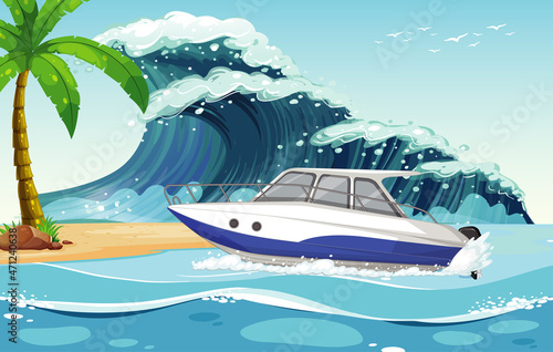 Beach background with speed boat on sea wave