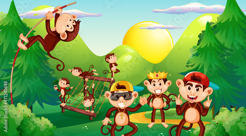 Little monkeys playing in forest scene