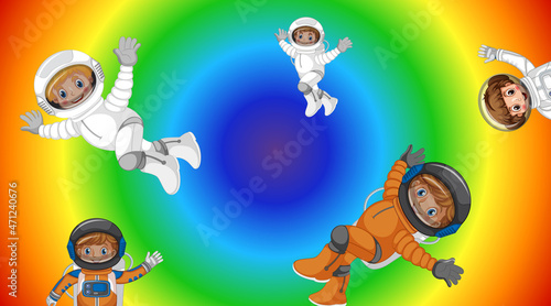 Astronaut kids flying on rainbow gradient background