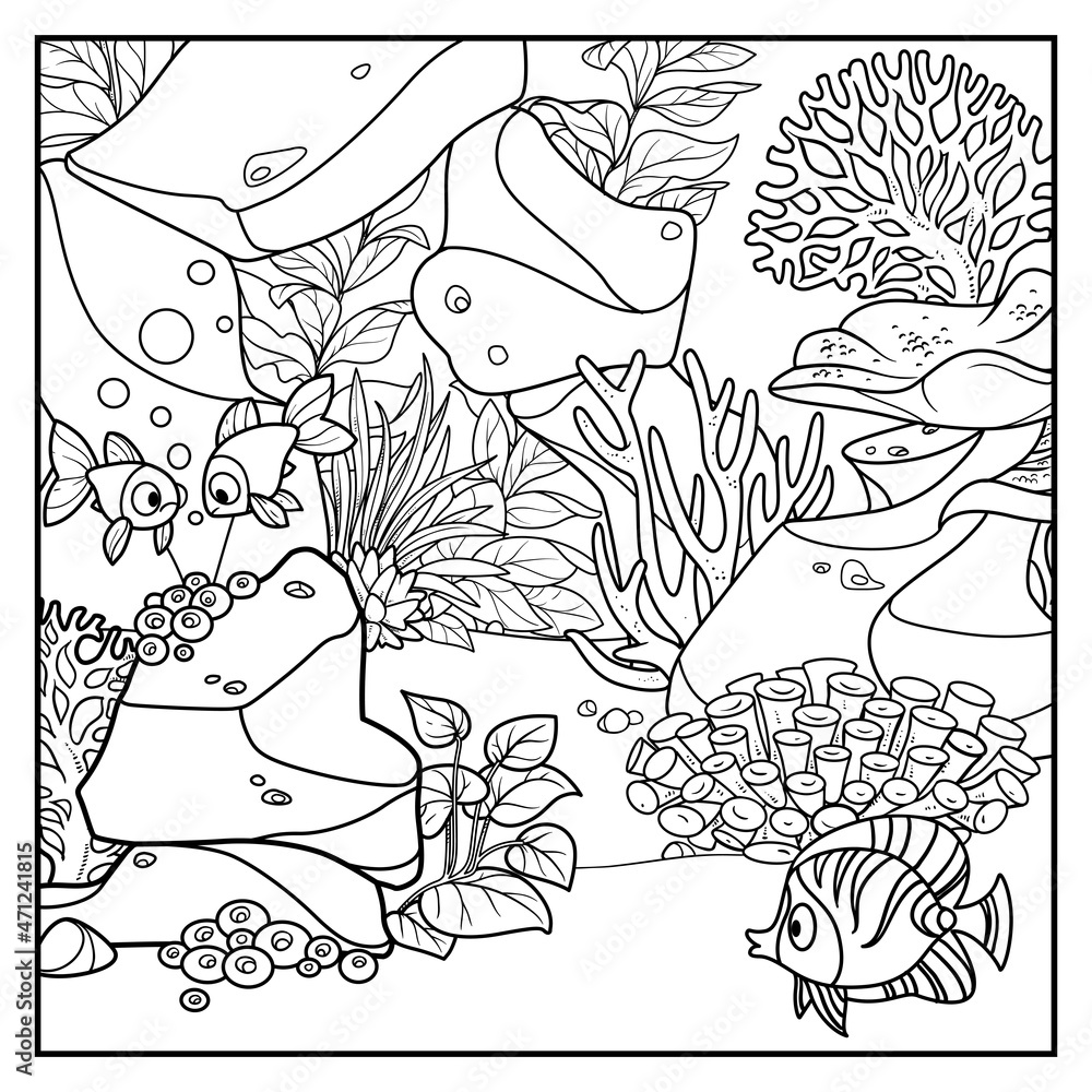 Cartoon underwater world with corals and anemones grow on sandstones ...