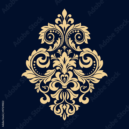 Wallpaper in the style of Baroque. Seamless vector background. Gold and dark blue floral ornament. Graphic pattern for fabric, wallpaper, packaging. Ornate Damask flower ornament