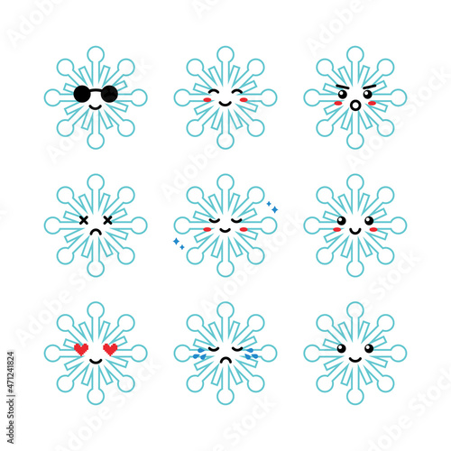 Set, collection, pack of snowflake emoji, vector cartoon style icons of blue snowflakes characters with different facial expressions, happy, sad, joyful.
