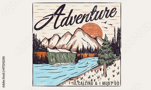 Adventure vintage vector print design for t shirts, sticker, background and other uses. Wild lake artwork for any kind of print.