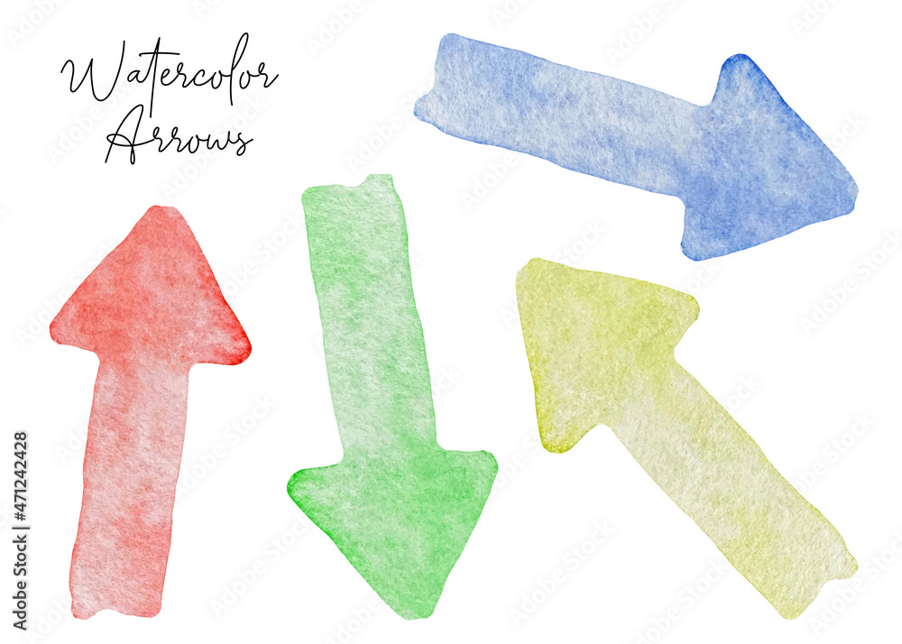 Fototapeta premium Watercolor set of rainbow arrows red, blue, green and yellow isolated on a white background