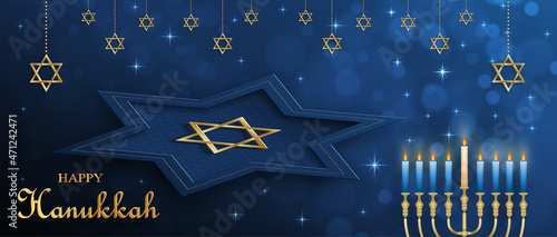 Happy Hanukkah card with nice and creative symbols and gold paper cut style on color background for Hanukkah Jewish holiday (translation : happy Hanukkah day, Hag HaHanukka)