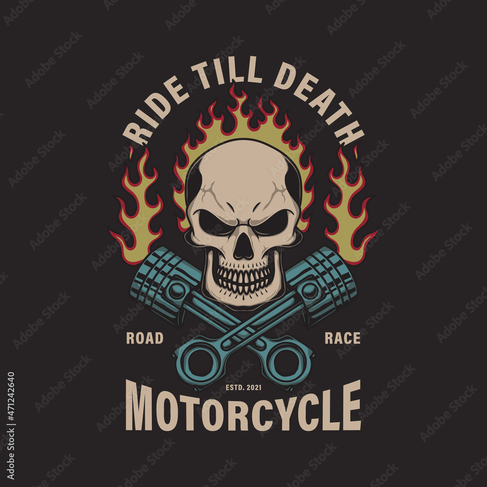 Fototapeta premium burning skull and piston head with traditional old school tattoo style