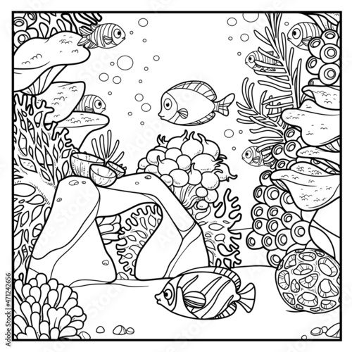 Cartoon underwater world with corals and fishes outlined for coloring isolated on white background