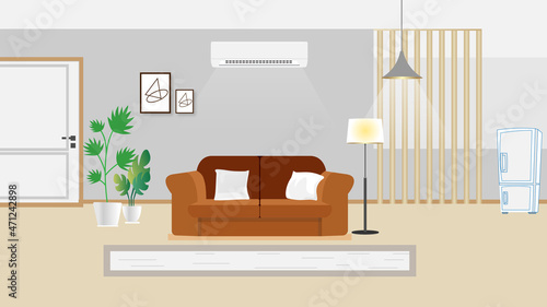 cartoon interior of a living room with sofa, Air condition, lamp full free vector