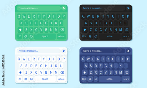Vector illustration of virtual keyboard with various color set. Suitable for design element of typing app software, typing message, and virtual touchscreen keypad.