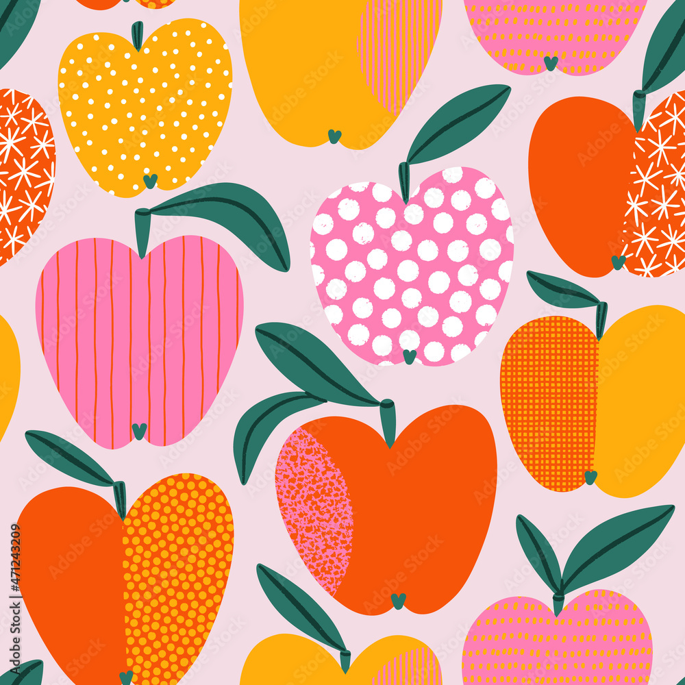 Juicy apples with abstract hand drawn textures, vector pattern
