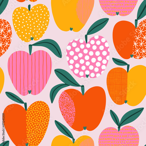 Juicy apples with abstract hand drawn textures, vector pattern