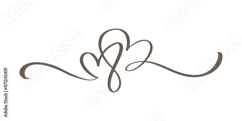 Flourish vintage Vector divider Valentines Day Hand Drawn Black Calligraphic Two Hearts. Calligraphy Holiday illustration. Design element valentine. Icon love decor for web, wedding