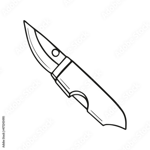 Vector illustration in doodle. Knife for hiking, picnics and camps, tourism