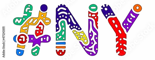 NY Hashtag. Multicolored bright isolate curves doodle letters. Hashtag #NY is abbreviation for the US American state New York for social network, web resources, mobile apps.