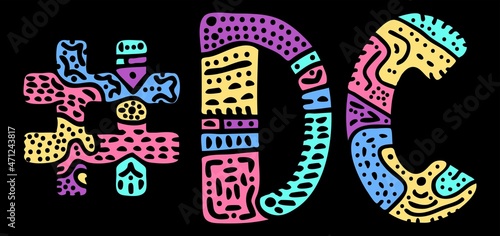 DC Hashtag. Multicolored bright isolate curves doodle letters. Hashtag #DC is abbreviation for the US American District of Columbia for social network, web resources, mobile apps.