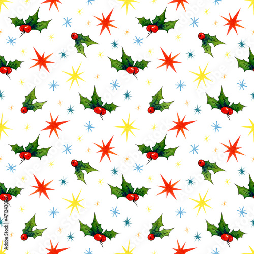 seamless christmas watercolor pattern with holly branches, colorful stars and snowflakes.