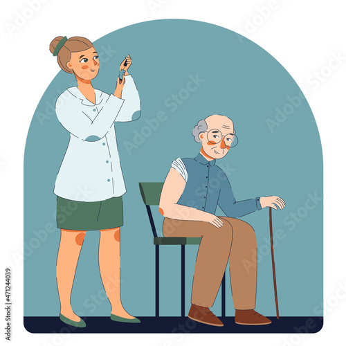 Nurse in a clinic giving a vaccine to elderly man