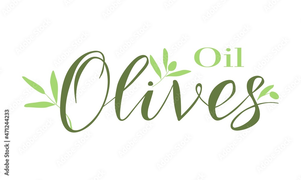 Fototapeta premium Olives. Green lettering with olives and leaves. Vector lettering for olive oil product packaging or farmers market. Design for Italian, Spanish or Mediterranean cuisine.