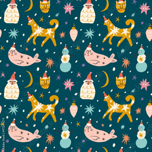 Christmas doodle animals childish cartoon doodles boho naive funky handdrawn style art seamless pattern vector